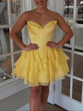 Yellow - A-Line Sweetheart Corset Ruffle Homecoming & Cocktail Dresses With Applique