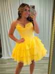 Yellow - A-Line Sweetheart Corset Ruffle Homecoming & Cocktail Dresses With Applique