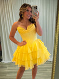 Yellow - A-Line Sweetheart Corset Ruffle Homecoming & Cocktail Dresses With Applique