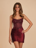 Burgundy - Strapless Bodycon Satin Homecoming Dress With Appliques