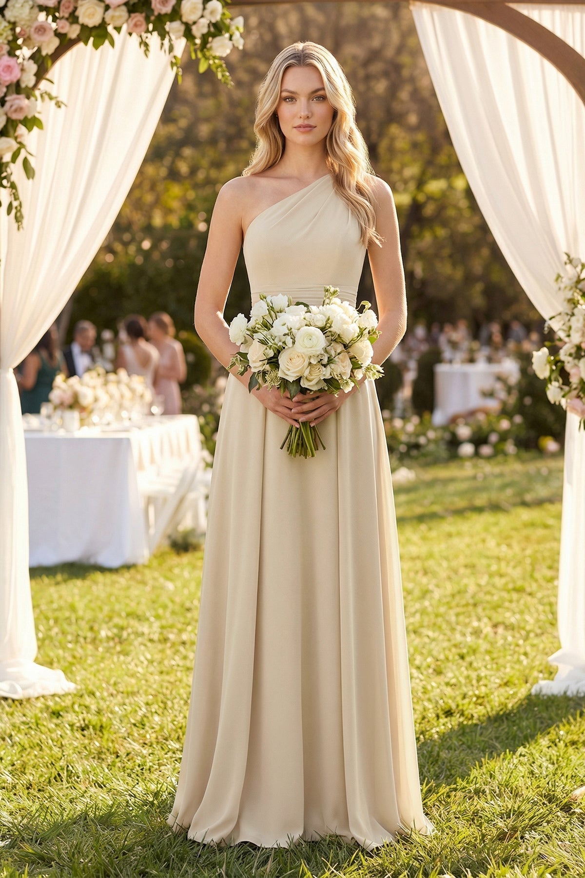 One-Shoulder A-Line Chiffon Bridesmaid Dress in Champagne