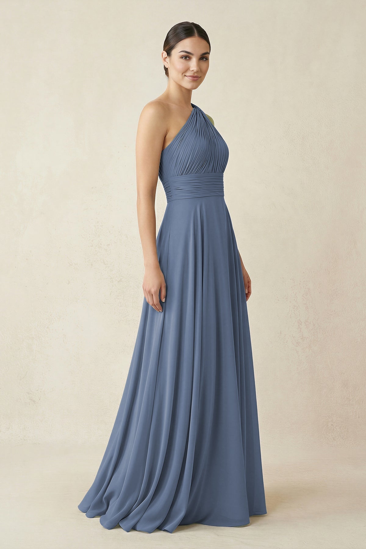 One-Shoulder A-Line Pleated Chiffon Bridesmaid Dress in Neptune