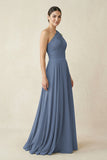 One-Shoulder A-Line Pleated Chiffon Bridesmaid Dress in Neptune