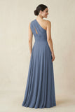 One-Shoulder A-Line Pleated Chiffon Bridesmaid Dress in Neptune