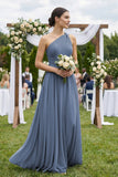 One-Shoulder A-Line Pleated Chiffon Bridesmaid Dress in Neptune
