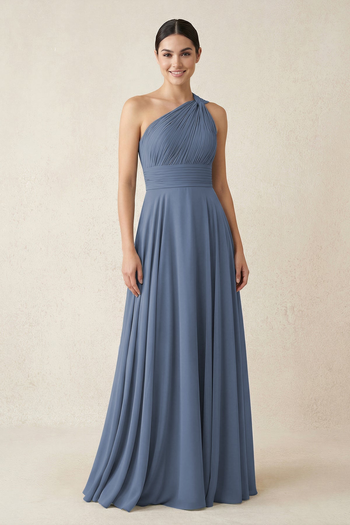 One-Shoulder A-Line Pleated Chiffon Bridesmaid Dress in Neptune