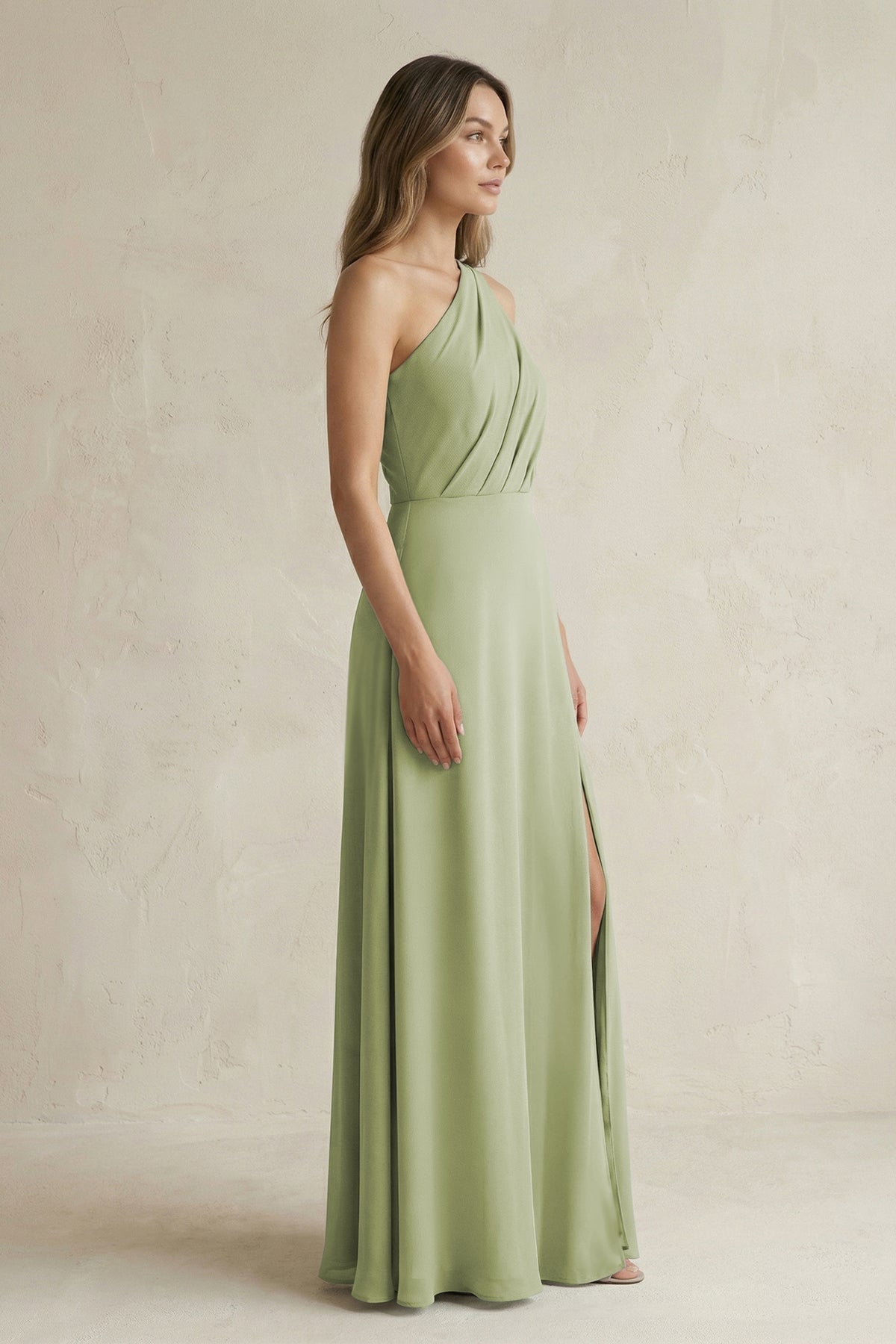 One-Shoulder Chiffon A-Line Bridesmaid Dress With Slit in Moss Green