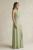 One-Shoulder Chiffon A-Line Bridesmaid Dress With Slit in Moss Green