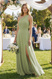 One-Shoulder Chiffon A-Line Bridesmaid Dress With Slit in Moss Green