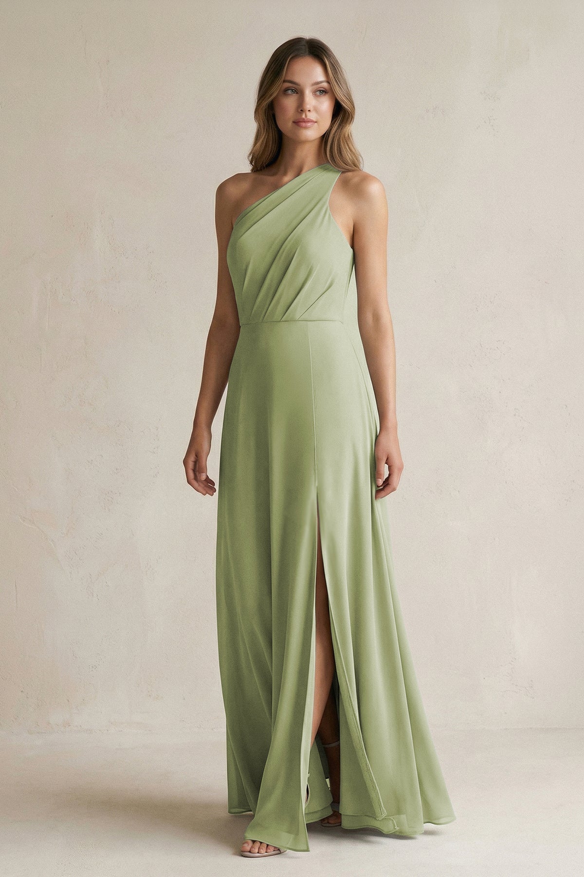 One-Shoulder Chiffon A-Line Bridesmaid Dress With Slit in Moss Green