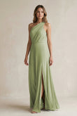 One-Shoulder Chiffon A-Line Bridesmaid Dress With Slit in Moss Green