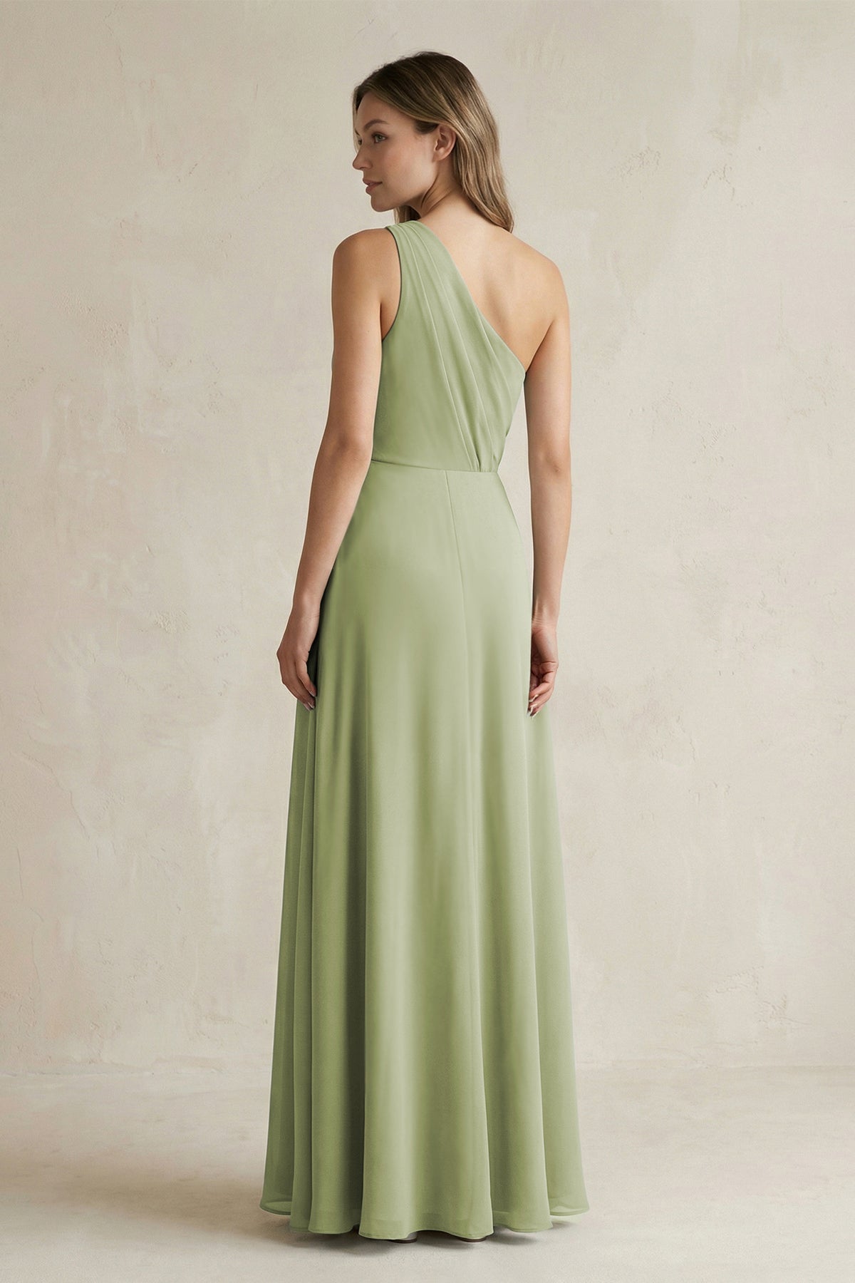 One-Shoulder Chiffon A-Line Bridesmaid Dress With Slit in Moss Green