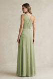 One-Shoulder Chiffon A-Line Bridesmaid Dress With Slit in Moss Green