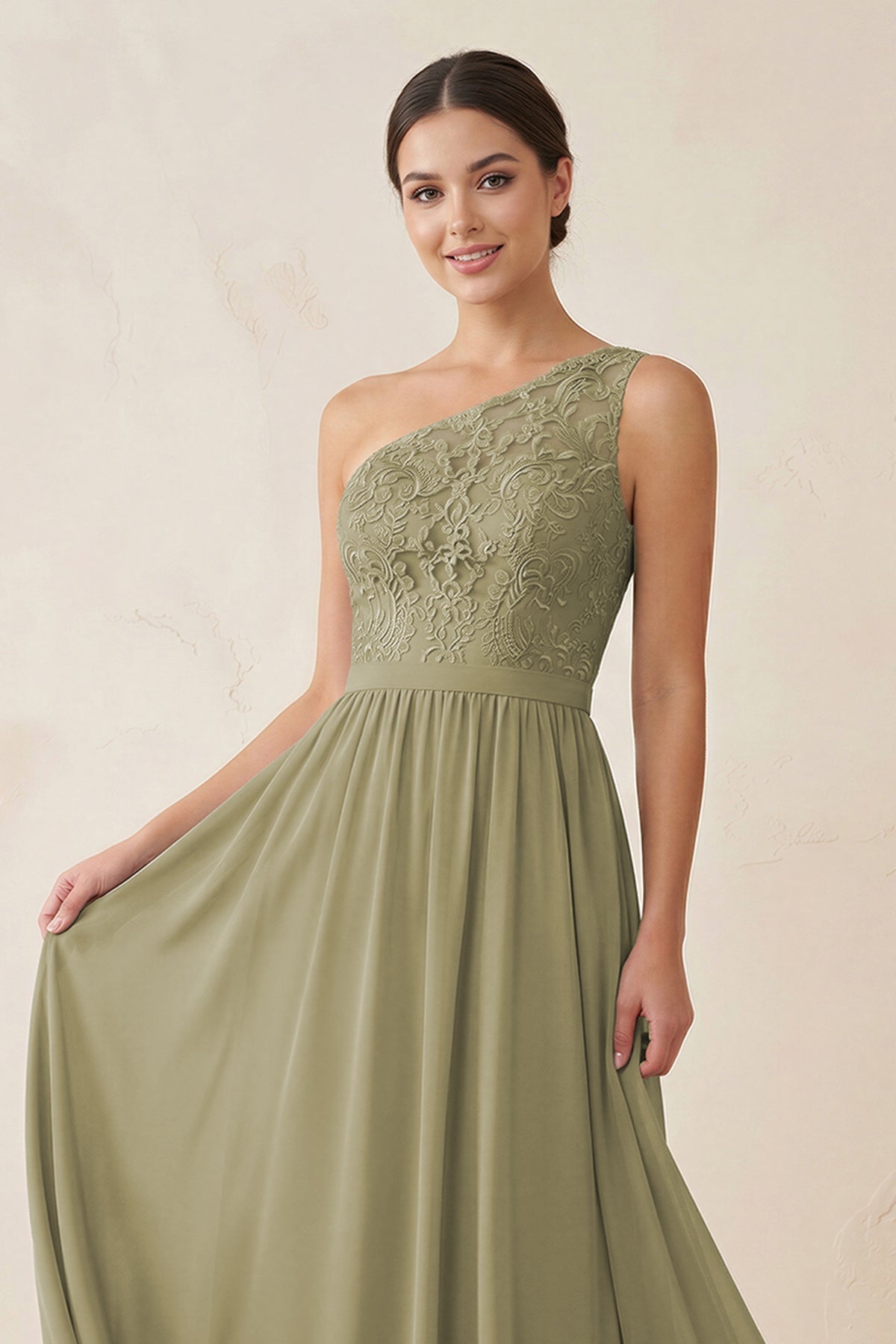 One-Shoulder Lace Chiffon A-Line Bridesmaid Dress in Thyme