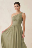 One-Shoulder Lace Chiffon A-Line Bridesmaid Dress in Thyme