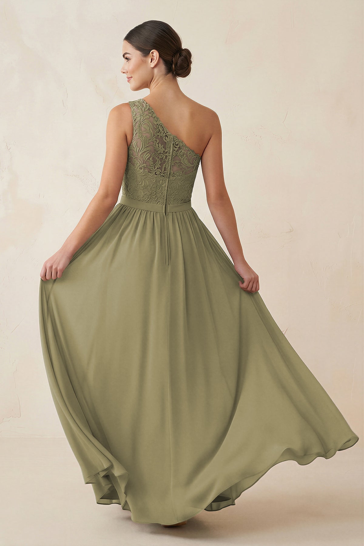 One-Shoulder Lace Chiffon A-Line Bridesmaid Dress in Thyme