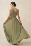 One-Shoulder Lace Chiffon A-Line Bridesmaid Dress in Thyme