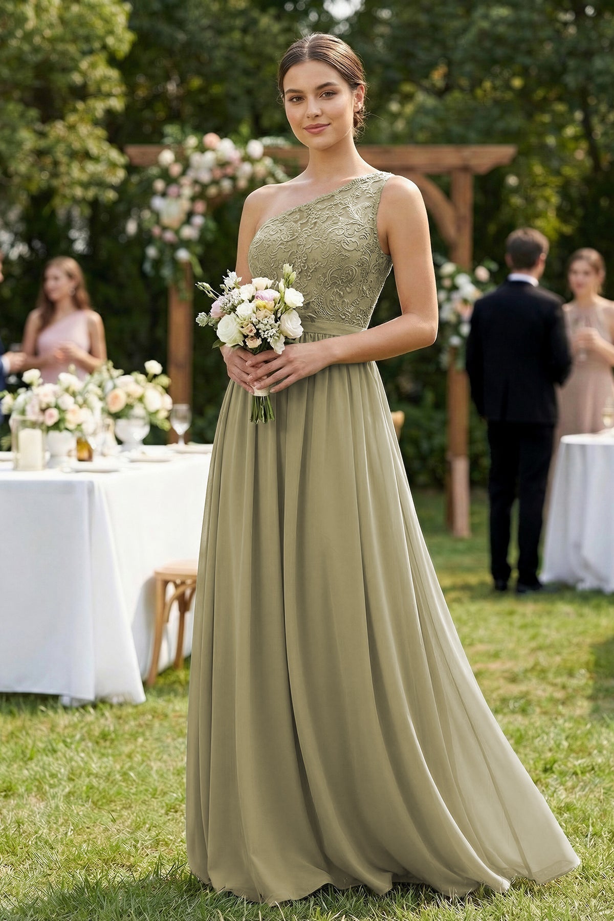 One-Shoulder Lace Chiffon A-Line Bridesmaid Dress in Thyme