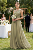 One-Shoulder Lace Chiffon A-Line Bridesmaid Dress in Thyme