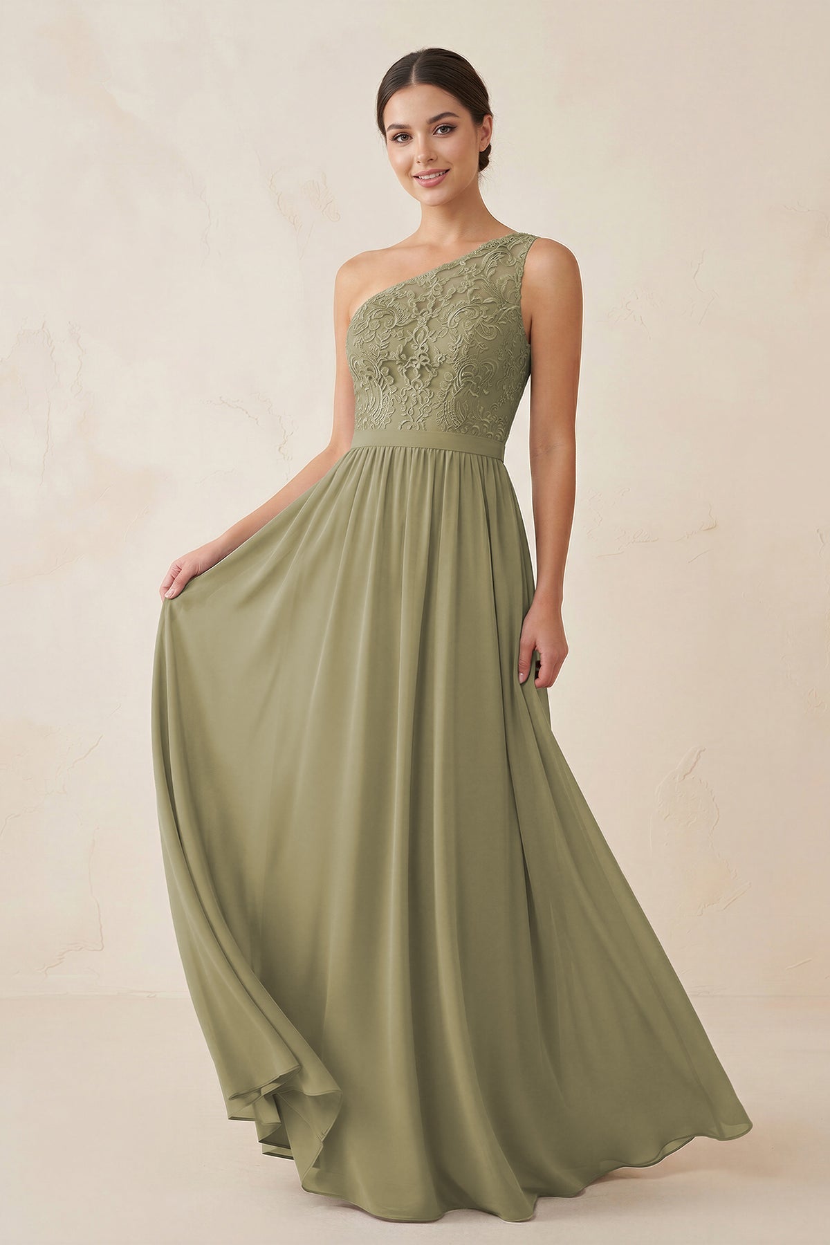 One-Shoulder Lace Chiffon A-Line Bridesmaid Dress in Thyme