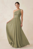 One-Shoulder Lace Chiffon A-Line Bridesmaid Dress in Thyme