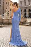 One-shoulder Long Sleeve Tiffany Blue Sequins Long Formal Dress