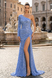 One-shoulder Long Sleeve Tiffany Blue Sequins Long Formal Dress