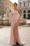 One-shoulder Long Sleeve Tiffany Blue Sequins Long Formal Dress