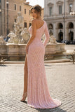 One-shoulder Long Sleeve Tiffany Blue Sequins Long Formal Dress