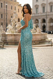 One-shoulder Long Sleeve Tiffany Blue Sequins Long Formal Dress