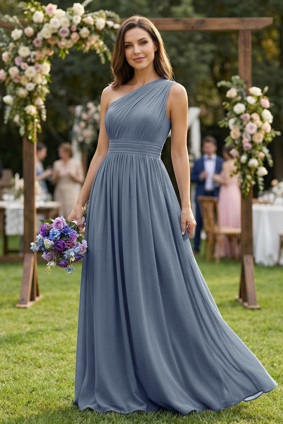 One-Shoulder Pleated A-Line Chiffon Bridesmaid Dress in Neptune