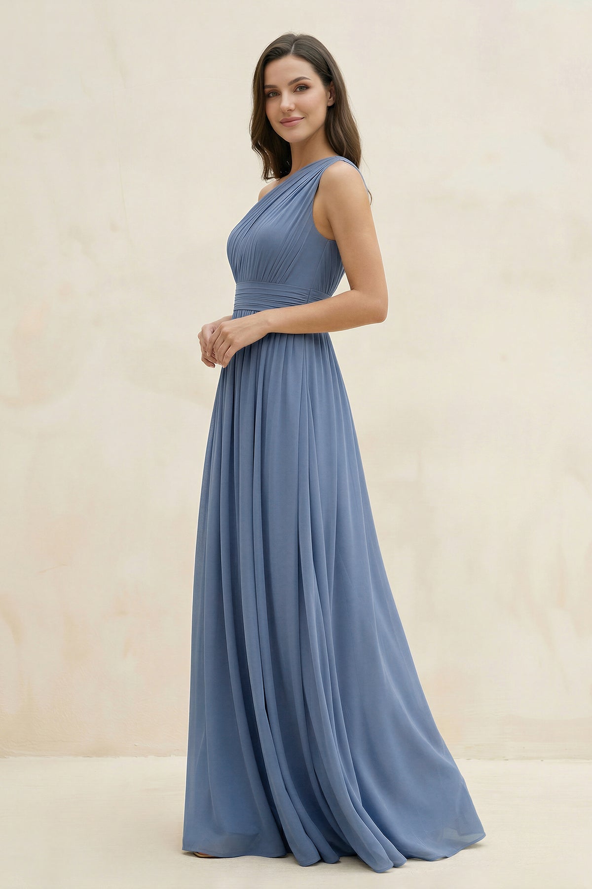 One-Shoulder Pleated A-Line Chiffon Bridesmaid Dress in Neptune