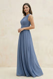 One-Shoulder Pleated A-Line Chiffon Bridesmaid Dress in Neptune