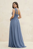 One-Shoulder Pleated A-Line Chiffon Bridesmaid Dress in Neptune