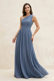 One-Shoulder Pleated A-Line Chiffon Bridesmaid Dress in Neptune