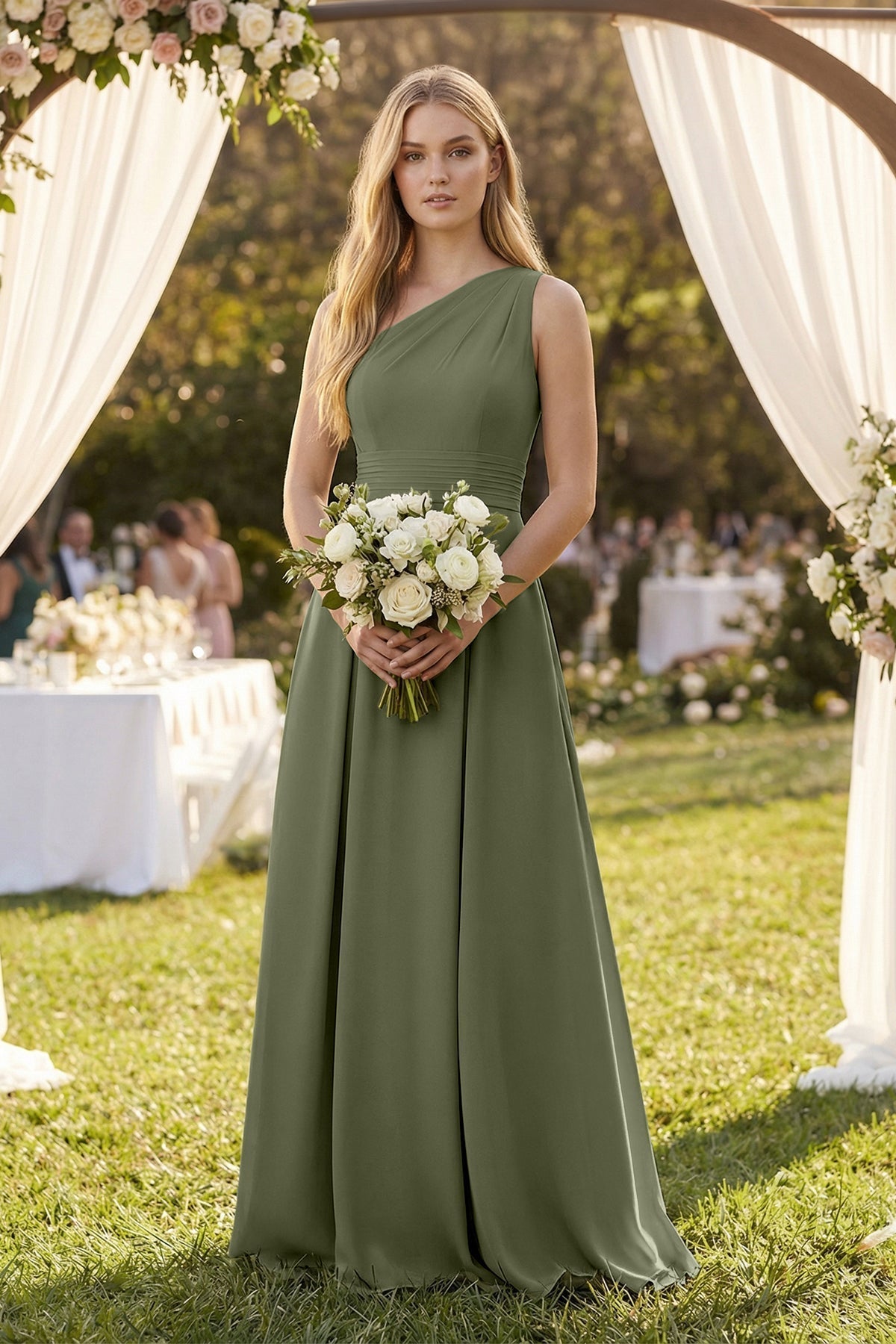 One-Shoulder Ruched A-Line Satin Bridesmaid Dress in Willow Green