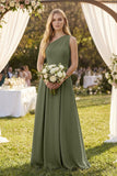 One-Shoulder Ruched A-Line Satin Bridesmaid Dress in Willow Green