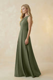 One-Shoulder Ruched A-Line Satin Bridesmaid Dress in Willow Green