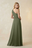 One-Shoulder Ruched A-Line Satin Bridesmaid Dress in Willow Green