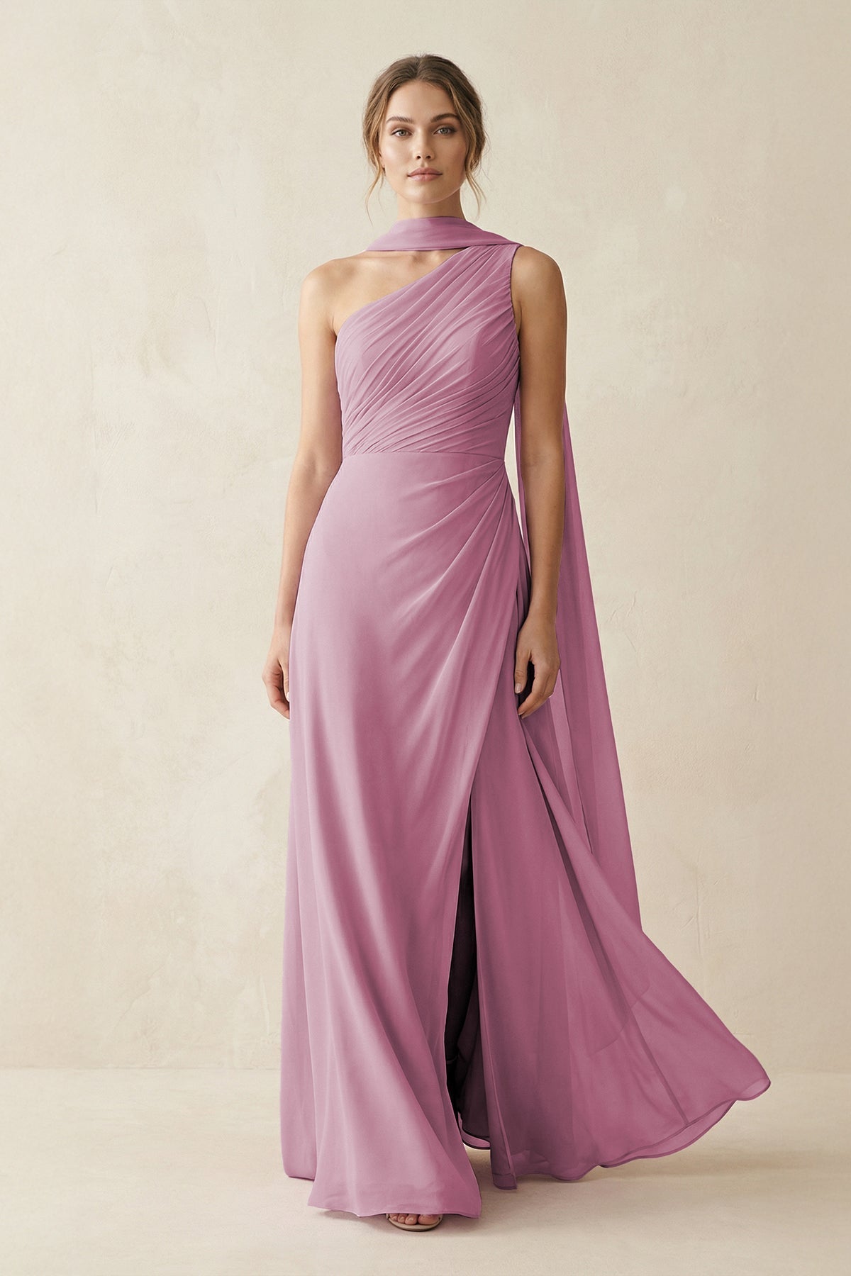 One-Shoulder Sheath Chiffon Bridesmaid Dress with Ribbon in Vintage Mauve