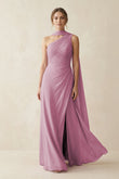 One-Shoulder Sheath Chiffon Bridesmaid Dress with Ribbon in Vintage Mauve