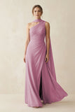 One-Shoulder Sheath Chiffon Bridesmaid Dress with Ribbon in Vintage Mauve