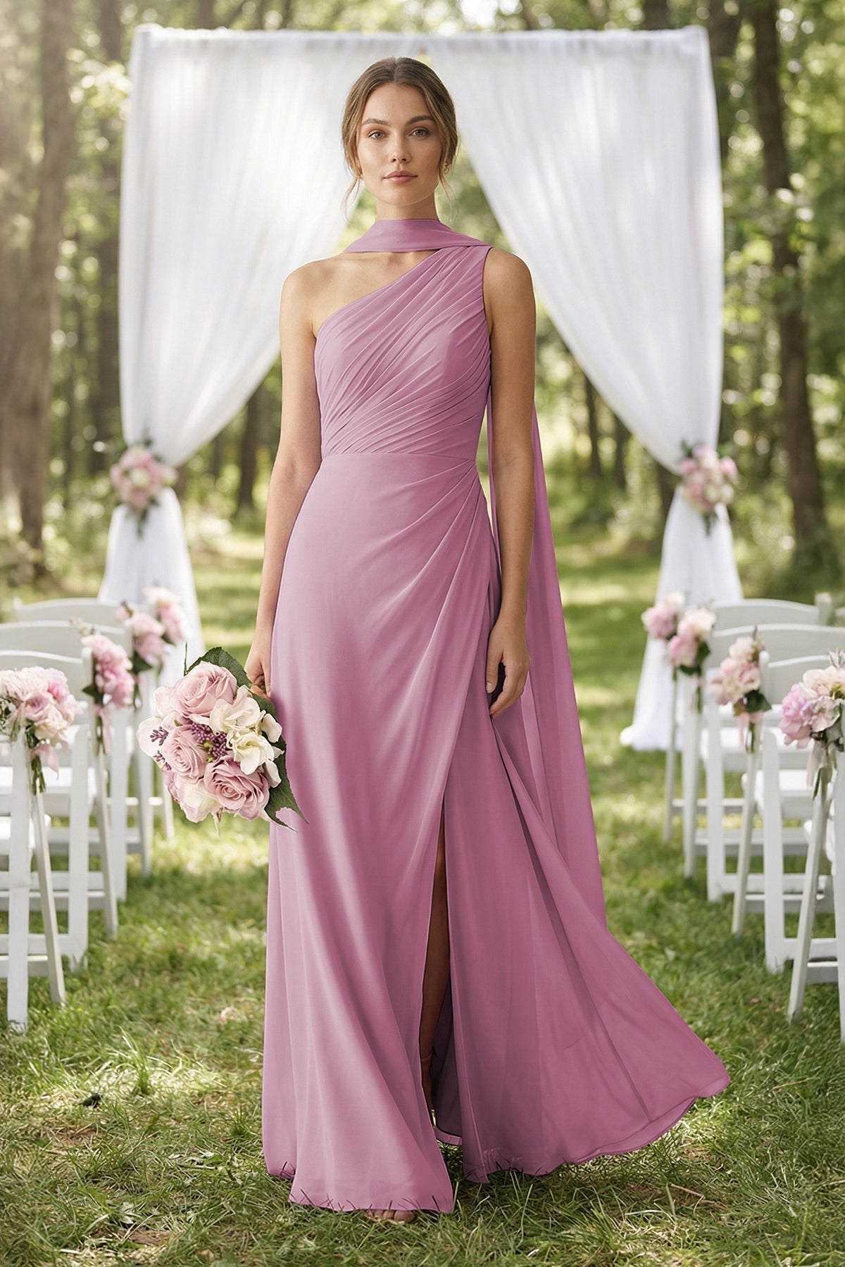One-Shoulder Sheath Chiffon Bridesmaid Dress with Ribbon in Vintage Mauve