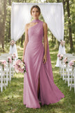 One-Shoulder Sheath Chiffon Bridesmaid Dress with Ribbon in Vintage Mauve