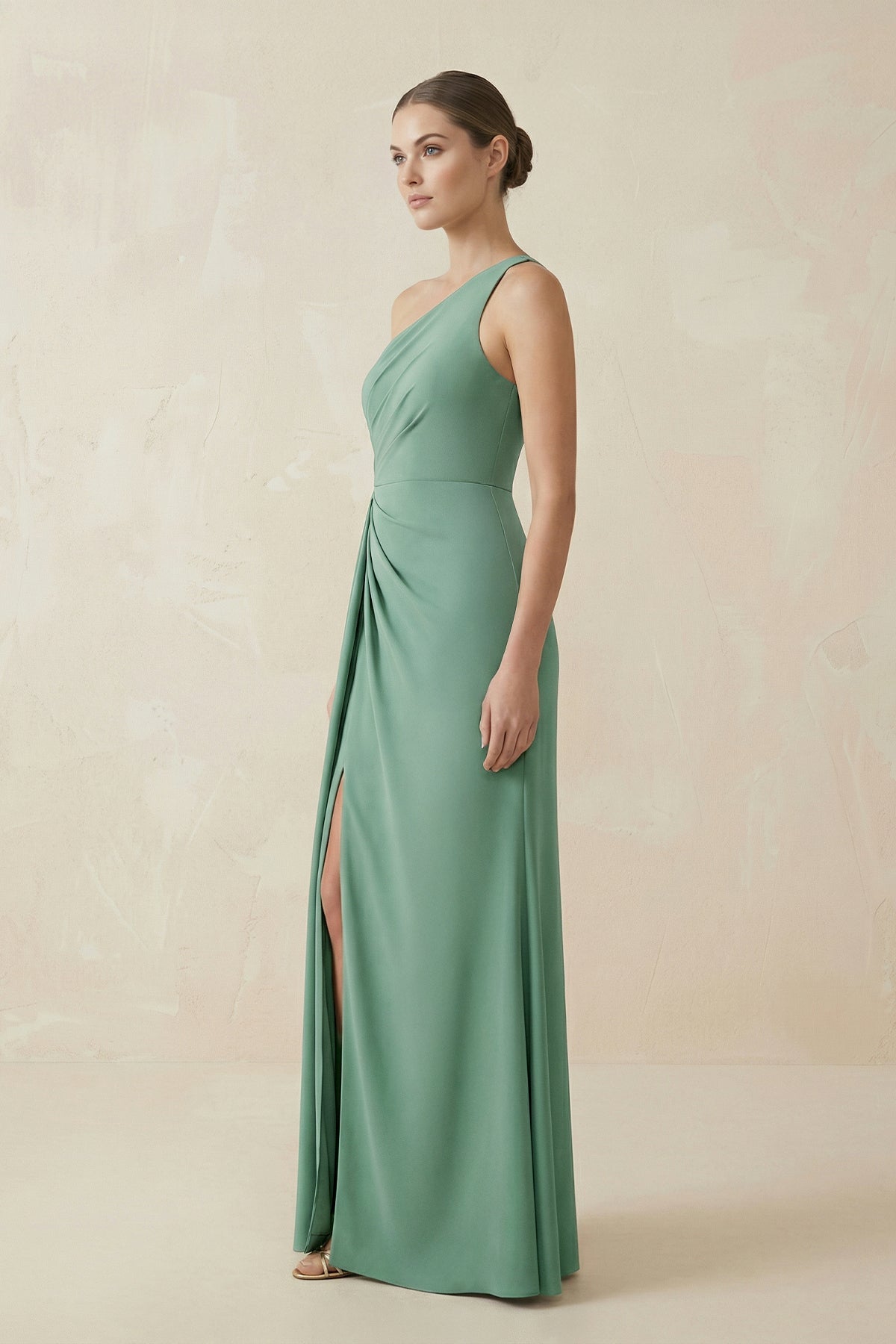 Sheath One-Shoulder Ruched Bridesmaid Dress With Slit in Mint Green
