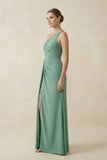 Sheath One-Shoulder Ruched Bridesmaid Dress With Slit in Mint Green