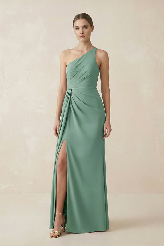 Sheath One-Shoulder Ruched Bridesmaid Dress With Slit in Mint Green