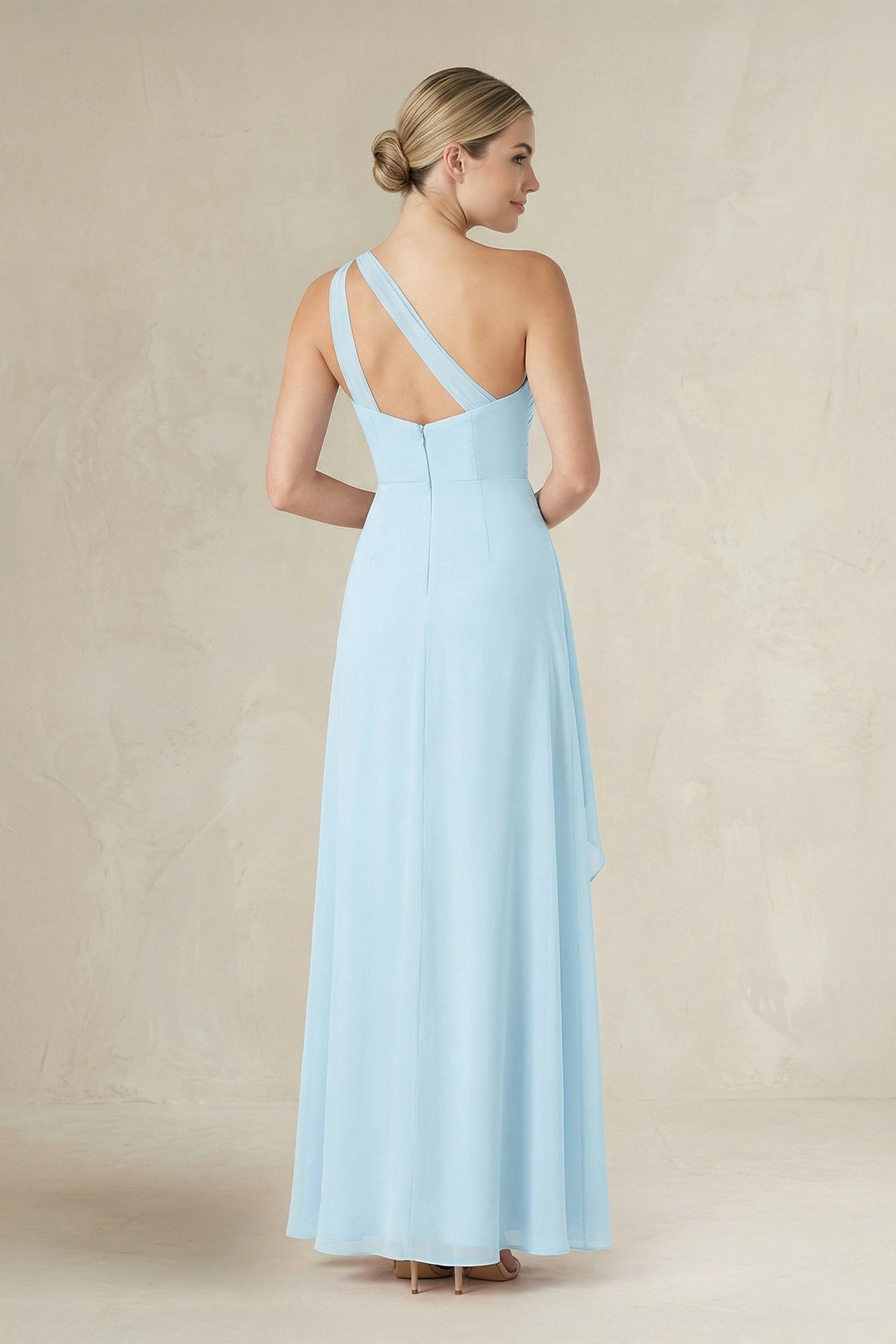 One-Shoulder Sheath Ruched Ruffled Bridesmaid Dress in Sky Blue