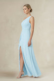 One-Shoulder Sheath Ruched Ruffled Bridesmaid Dress in Sky Blue