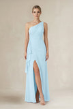 One-Shoulder Sheath Ruched Ruffled Bridesmaid Dress in Sky Blue
